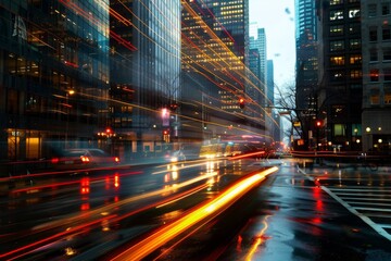 Naklejka premium A busy city intersection at twilight, with streaks of light from passing vehicles illuminating the wet asphalt. Tall buildings line the street, reflecting the glow of city lights