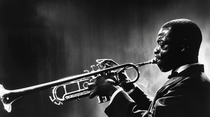 A classic portrait capturing a jazz musician playing the trumpet, showcasing the elegance and depth of jazz music in a timeless black and white photograph.
