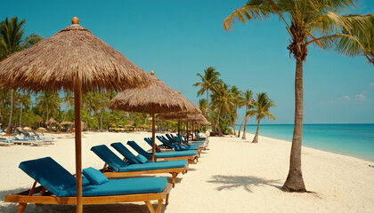 A beautiful tropical beach scene with palm trees, white sand, and blue lounge chairs under thatched umbrellas. The ocean is calm and blue