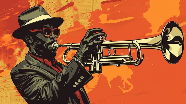 An abstract depiction of a trumpeter playing the trumpet in vibrant colors, capturing the intense emotion and dynamic energy of live jazz music with a nostalgic touch.