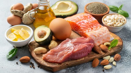 A variety of high-protein diet foods arranged on a cutting board, including fresh fish fillets,...