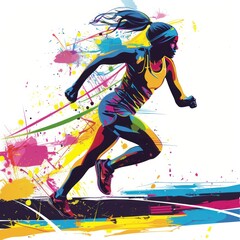 5. Female athlete breaking the finish line, dynamic, bold colors, vector art, symbolizing strength and achievement
