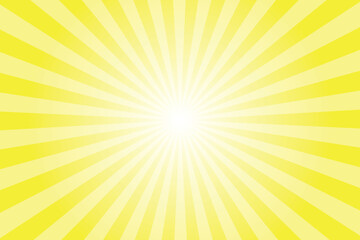Yellow background with white sun ray. Pattern of starburst. Abstract electric yellow texture with light of sunburst. Radial beam of sunlight. Retro background with flash. Design of sunbeams.