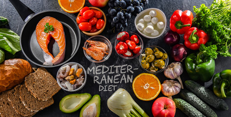 Food products representing the Mediterranean diet
