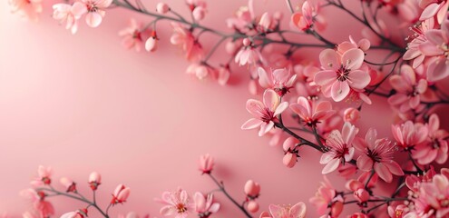 Obraz premium a pink background with delicate flowers on the left side border