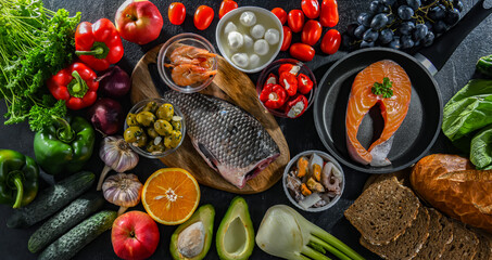 Food products representing the Mediterranean diet