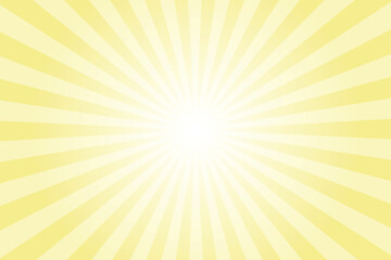 Yellow background with white sun ray. Pattern of starburst. Abstract flavescent yellow texture with light of sunburst. Radial beam of sunlight. Retro background with flash. Design of sunbeams.