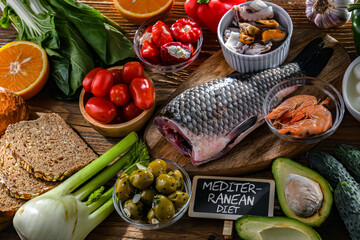 Food products representing the Mediterranean diet