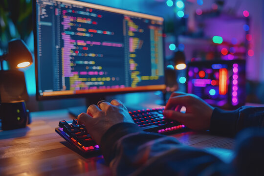 Programmer's hands on keyboard writing source code, screen showing code.