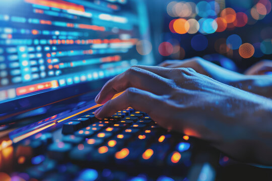 Programmer's hands on keyboard writing source code, screen showing code.