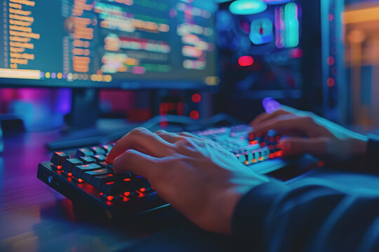Programmer's hands on keyboard writing source code, screen showing code.