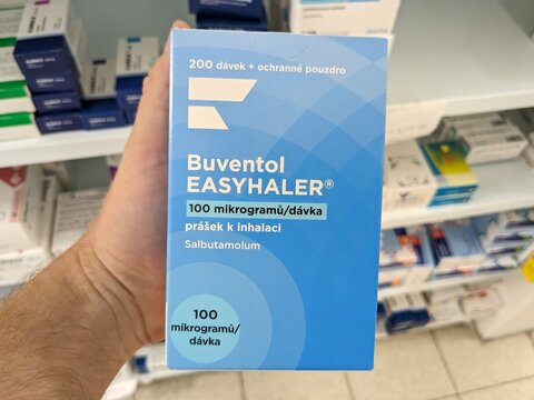Prague, Czech Republic - July 10 2024: BUVENTOL EASYHALER box of medication with SALBUTAMOL active substance by ORION PHARMA, used for treatment of asthma and COPD.

