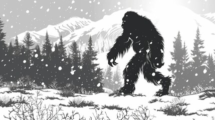 Fototapeta premium A majestic Yeti walking in a snowy forest during an ethereal snowfall, blending mystical and surreal elements, highlighting the wilderness and the mythical creature.