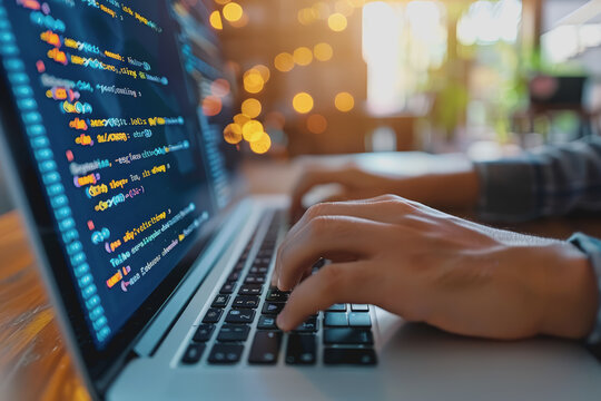 Programmer's hands on keyboard writing source code, screen showing code.