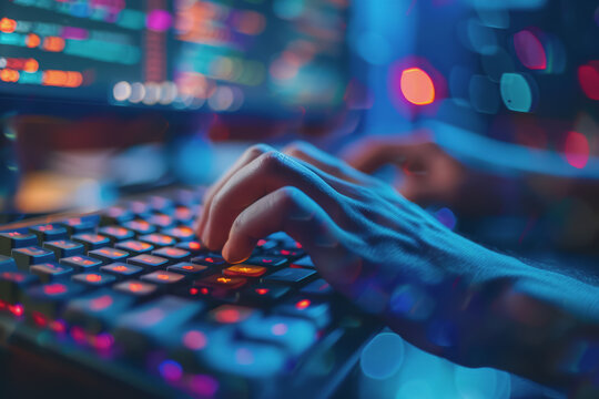 Programmer's hands on keyboard writing source code, screen showing code.