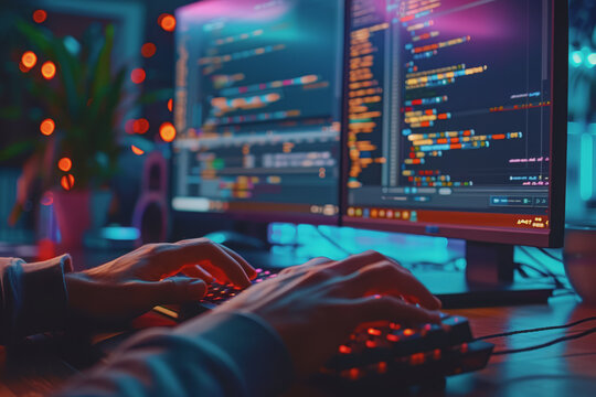 Programmer's hands on keyboard writing source code, screen showing code.