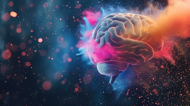 Creativity burst of colorful ideas as brainstorming from digital brain explosion on neutral studio background with copyspace