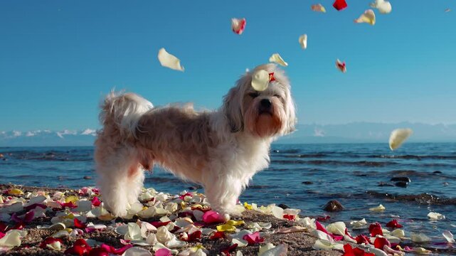 Shih Tzu dog standing on bank of mountain lake in falling rose petals, slow motion