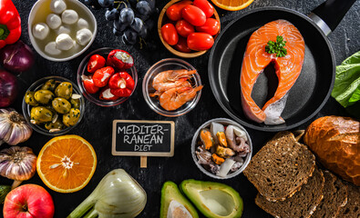 Food products representing the Mediterranean diet