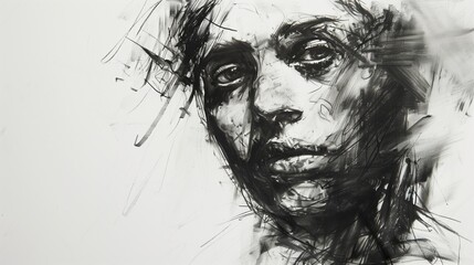 Charcoal sketch portrait of young distrustful mistrustful incredulous person with expressive lines and dynamic shading on neutral light grey or white background with copyspace