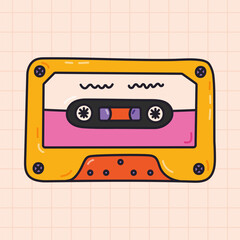 Groovy doodle audio tape from Y2k aesthetic. Retro cassette, music mixtape as symbol of 90s and 00s. Stereo device with hand drawn outline isolated on background. Nostalgia for vintage, 1990s vibes.