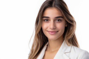 A young woman with long brown hair, wearing a white blazer, smiles gently at the camera in a medium closeup portrait