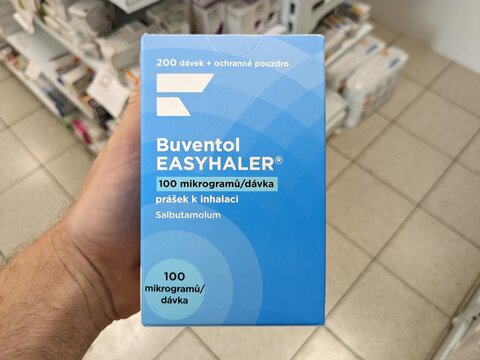 Prague, Czech Republic - July 10 2024: BUVENTOL EASYHALER box of medication with SALBUTAMOL active substance by ORION PHARMA, used for treatment of asthma and COPD.

