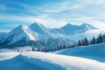 Obraz premium A serene winter scene showcasing snow-capped mountains bathed in the golden light of sunrise. The low camera angle emphasizes the majestic scale of the peaks and the surrounding forest