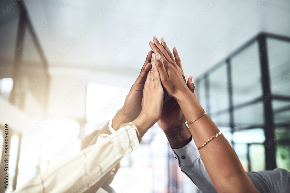 Poster Hands, high five and business people with winner, success and celebration with teamwork. Collaboration, company and group with professional achievement and solidarity at creative job with staff