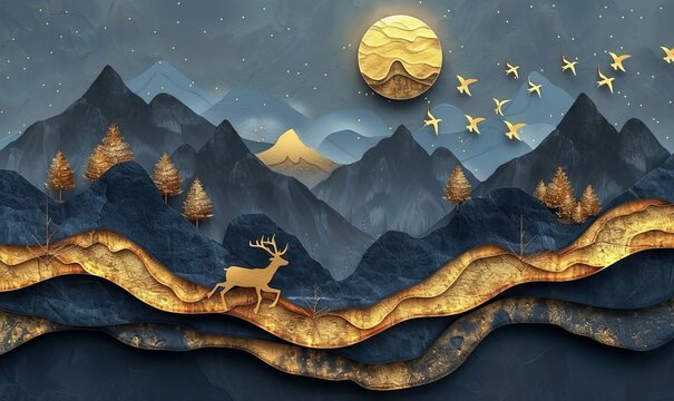 3d modern art mural wallpaper with dark blue and golden wave background. mountains, golden deer and birds. gold on a dark blue backdrop background, Generative AI