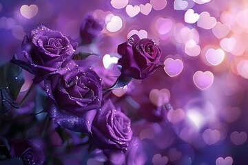 purple roses and purple hearts on purple background with bokeh lights, love wallpaper, purple flowers, purple valentine's day design, purple rose background