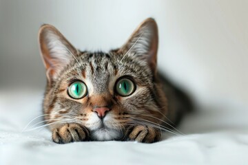 a cute funny cat with big green eyes, isolated on a white background