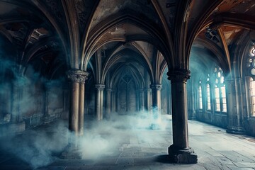 Obraz premium An empty, grand hallway with Renaissance architecture is illuminated by dramatic lighting, with subtle smoke effects creating an atmospheric mood
