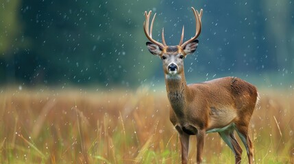 Fototapeta premium Roebuck standing in rainy summer field with antlers gazing at the camera on grassland