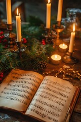 Christmas carol music sheet on a table illuminated with candles and mistletoe cozy family gathering atmosphere