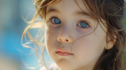 A close-up shot of a young girl's face, featuring her bright blue eyes
