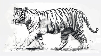 A black and white sketch illustrates a tiger walking gracefully with its iconic stripes, capturing the essence and raw beauty of this powerful predator in simple lines.