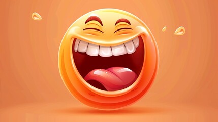A bright orange smiley face emoji with an open mouth, wide eyes, and tongue out, evokes joy and laughter with rendered details in a digital art style.
