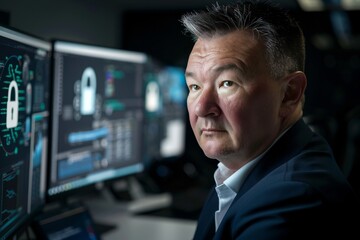 A businessman sits at his desk in a sleek office, intently observing data displayed on multiple computer screens. He appears focused and determined, suggesting a critical task or analysis