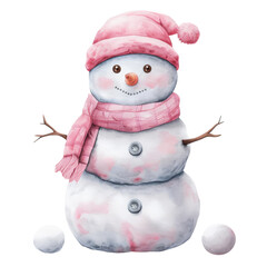 Cute snowman with pink hat and scarf in watercolor style for christmas decor clipart with transparent background