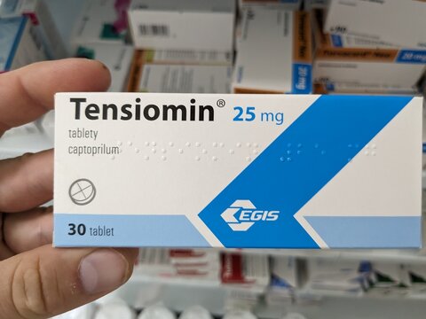 Prague, Czech Republic - July 9 2024: TENSIOMIN box of medication with captopril active substance by Gedeon Richter, used for treatment of hypertension, heart failure.