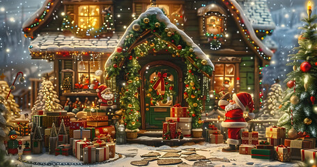 Fototapeta premium Design a whimsical Christmas background with Santas workshop, bustling with elves preparing toys for delivery.