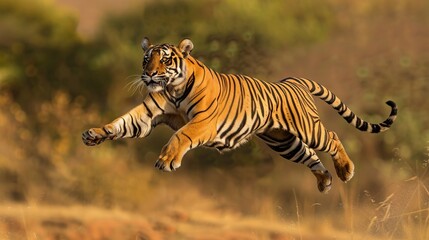 A vibrant image of a tiger gracefully leaping through a golden field, capturing the essence of its power and elegance in mid-air, set against a breathtaking natural backdrop.
