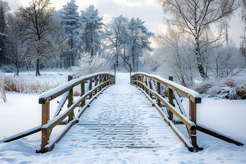 Snowy, wooden bridge in a winter day. Stare Juchy, Poland