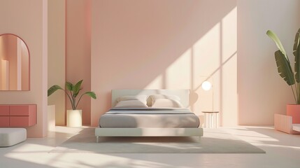 Light spacios modern minimalistic living room with sofa or couch and potted flowers in pastel colors on sunny day with rays of sun from window with curtains on walls bed or sofa with decorative lamps