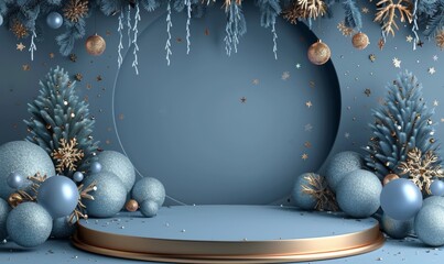 Modern blue Christmas greeting card with empty podium or stage for product showing. Contemporary Christmas banner design, Generative AI