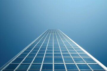 Obraz premium A low angle view of a modern skyscraper with a glass facade reaching toward a clear blue sky