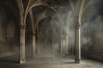 An empty Renaissance hall with a vaulted ceiling and columns, bathed in dramatic lighting with subtle smoke effects