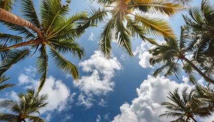 low-angle perspective showing the sky with clouds, a coconut palm