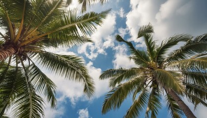 low-angle perspective showing the sky with clouds, a coconut palm